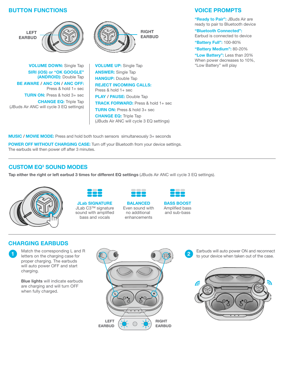 Voice prompts, Button functions, Custom eq | Sound modes, Charging earbuds | JLab Audio JBuds Air ANC True Wireless Earbuds User Manual | Page 2 / 4