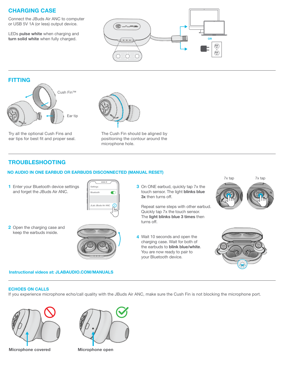 Troubleshooting fitting, Charging case | JLab Audio JBuds Air ANC True Wireless Earbuds User Manual | Page 3 / 4