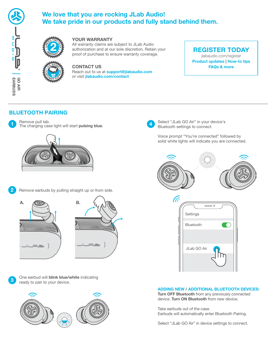 JLab Audio Go Air True Wireless Earbuds (White and Gray) User Manual | 3 pages