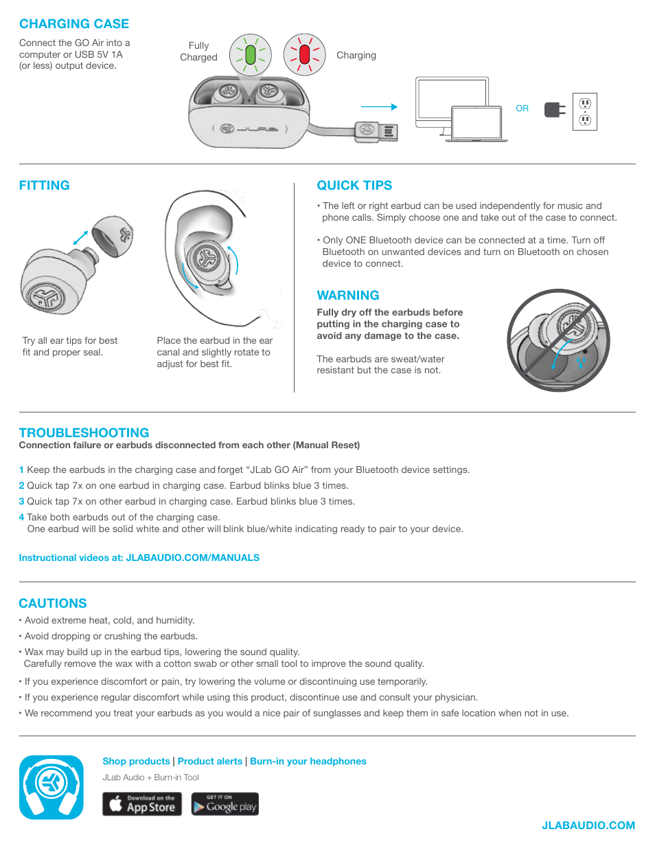 Fitting, Charging case, Cautions | Quick tips warning, Troubleshooting | JLab Audio Go Air True Wireless Earbuds (White and Gray) User Manual | Page 3 / 3