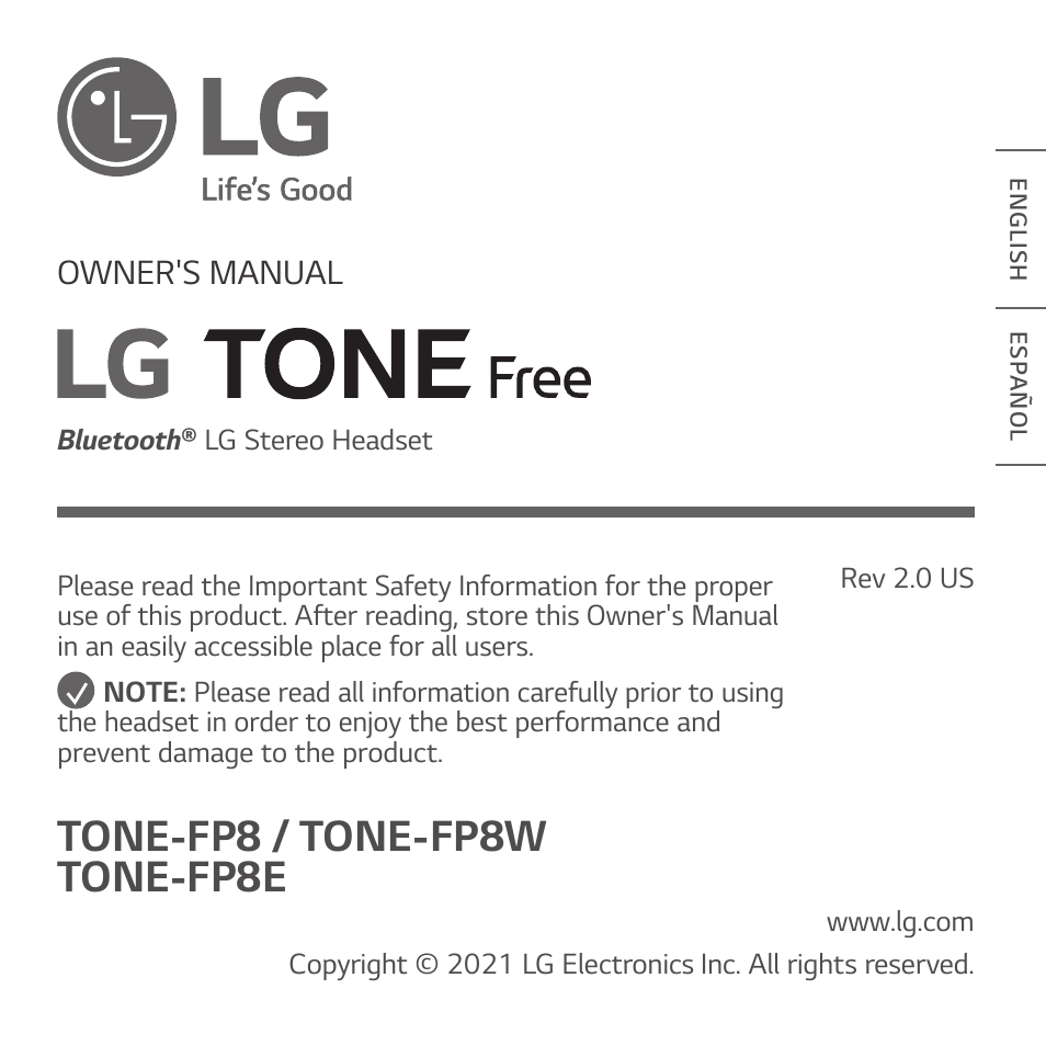 LG TONE Free FP8 UVnano True Wireless In-Ear Headphones (Charcoal Black) User Manual | 62 pages