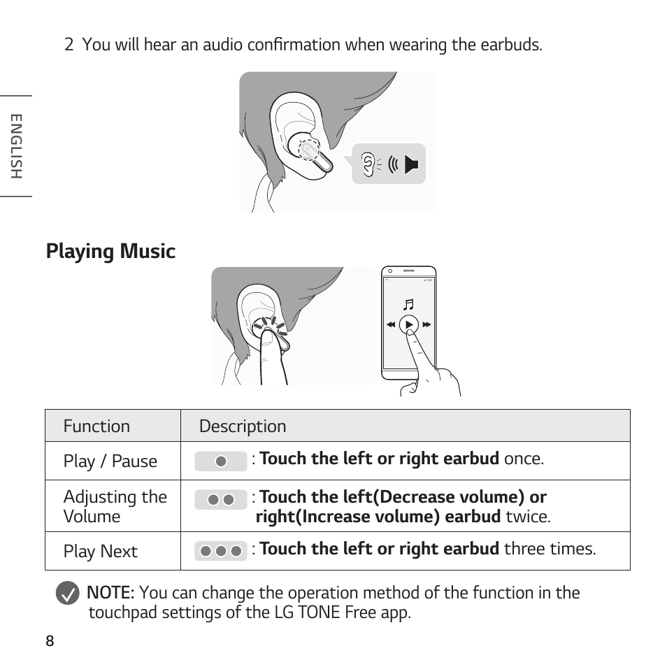 Playing music | LG TONE Free FP8 UVnano True Wireless In-Ear Headphones (Charcoal Black) User Manual | Page 10 / 62