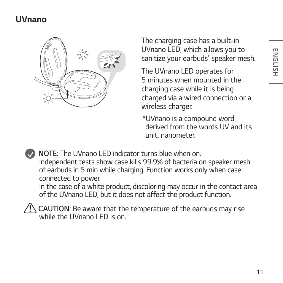 Uvnano | LG TONE Free FP8 UVnano True Wireless In-Ear Headphones (Charcoal Black) User Manual | Page 13 / 62