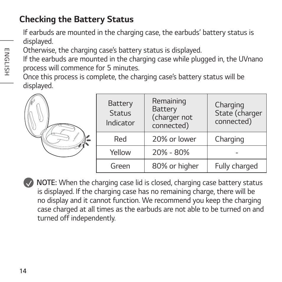 Checking the battery status | LG TONE Free FP8 UVnano True Wireless In-Ear Headphones (Charcoal Black) User Manual | Page 16 / 62