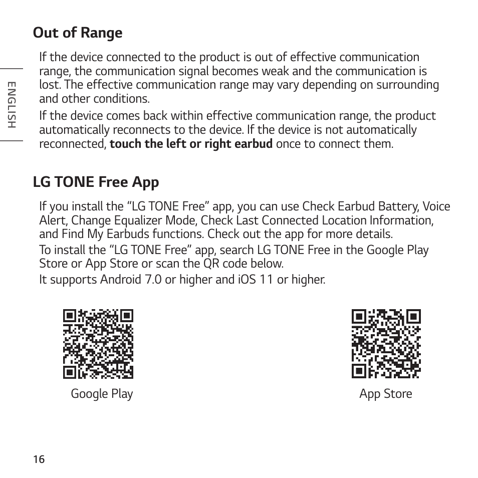 Out of range, Lg tone free app | LG TONE Free FP8 UVnano True Wireless In-Ear Headphones (Charcoal Black) User Manual | Page 18 / 62