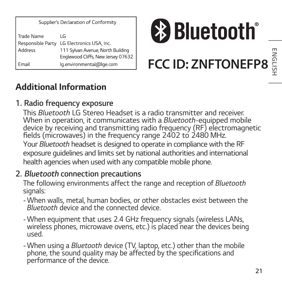 Additional information, Fcc id: znftonefp8 | LG TONE Free FP8 UVnano True Wireless In-Ear Headphones (Charcoal Black) User Manual | Page 23 / 62