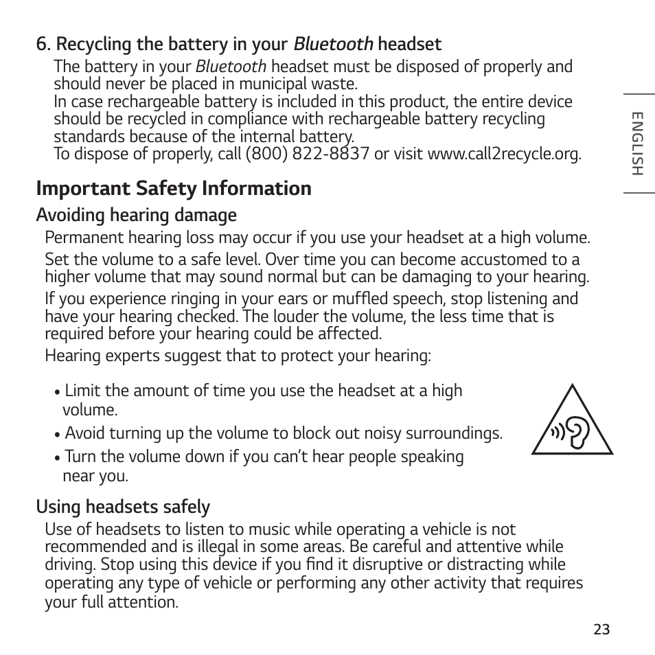Important safety information | LG TONE Free FP8 UVnano True Wireless In-Ear Headphones (Charcoal Black) User Manual | Page 25 / 62