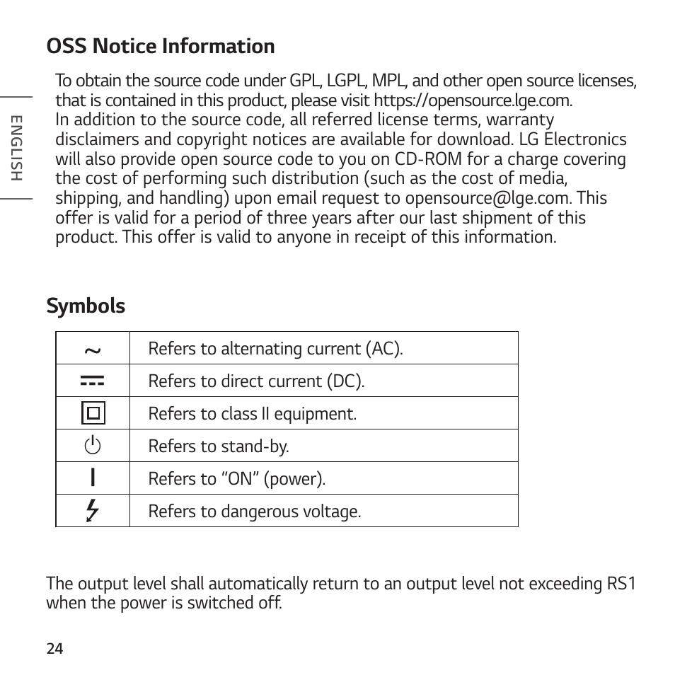 Oss notice information, Symbols | LG TONE Free FP8 UVnano True Wireless In-Ear Headphones (Charcoal Black) User Manual | Page 26 / 62