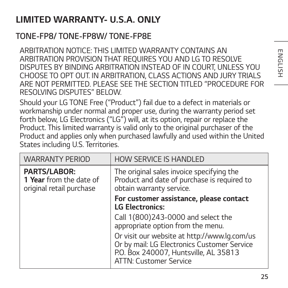 Limited warranty- u.s.a. only | LG TONE Free FP8 UVnano True Wireless In-Ear Headphones (Charcoal Black) User Manual | Page 27 / 62