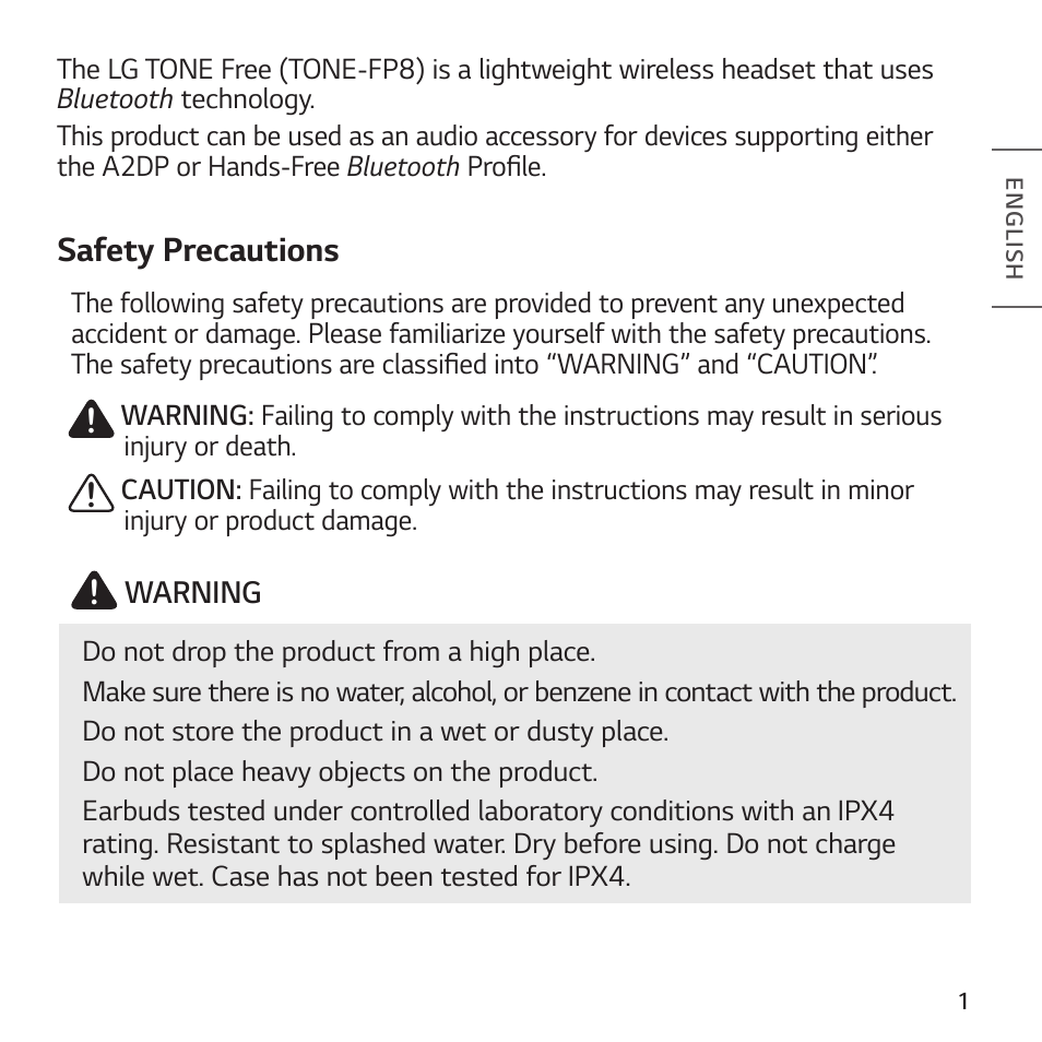 Safety precautions | LG TONE Free FP8 UVnano True Wireless In-Ear Headphones (Charcoal Black) User Manual | Page 3 / 62