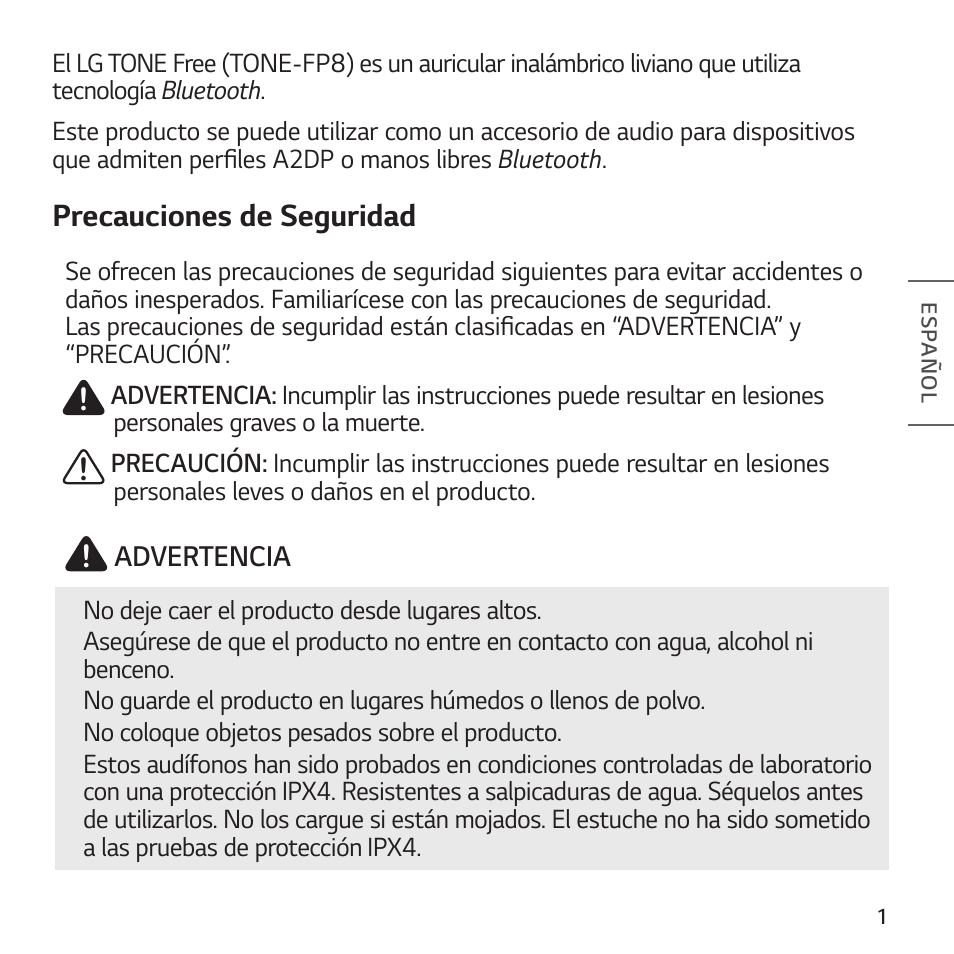 Precauciones de seguridad | LG TONE Free FP8 UVnano True Wireless In-Ear Headphones (Charcoal Black) User Manual | Page 37 / 62
