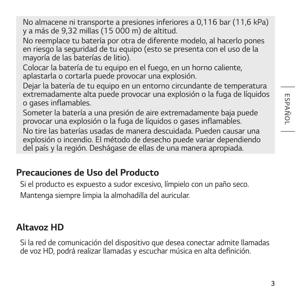 Precauciones de uso del producto, Altavoz hd | LG TONE Free FP8 UVnano True Wireless In-Ear Headphones (Charcoal Black) User Manual | Page 39 / 62
