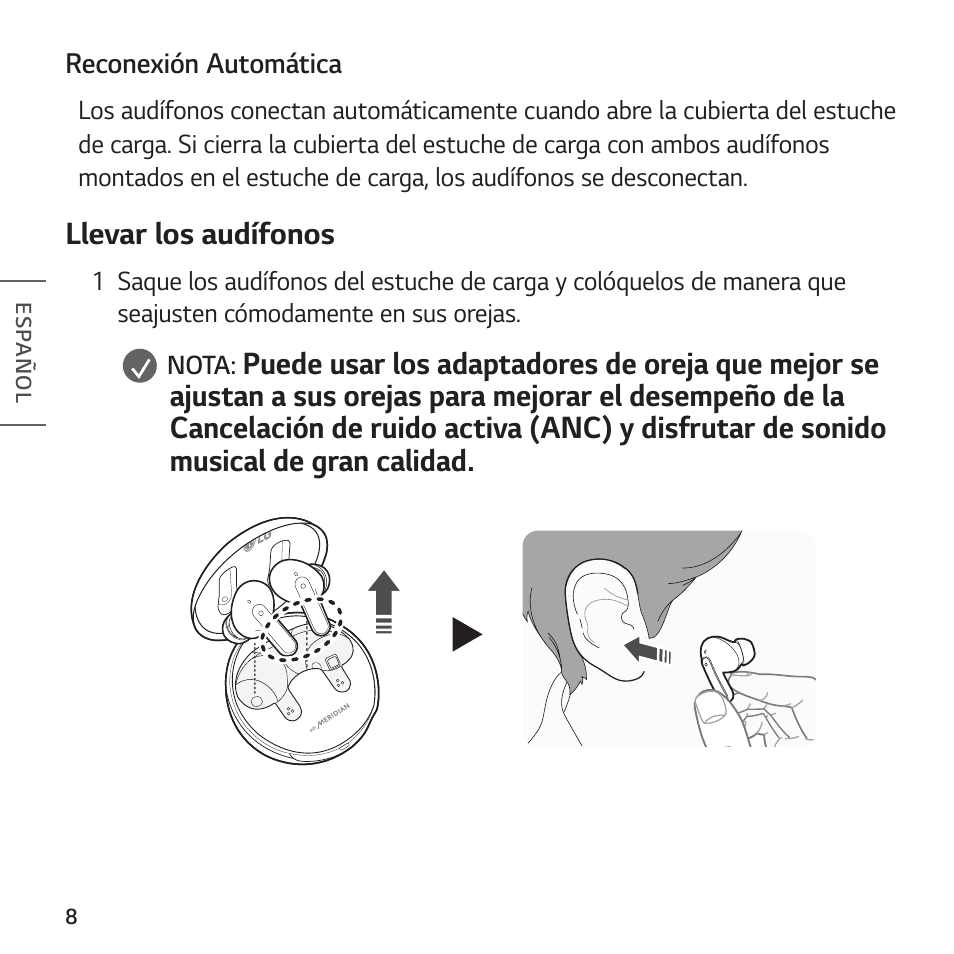 Llevar los audífonos | LG TONE Free FP8 UVnano True Wireless In-Ear Headphones (Charcoal Black) User Manual | Page 44 / 62