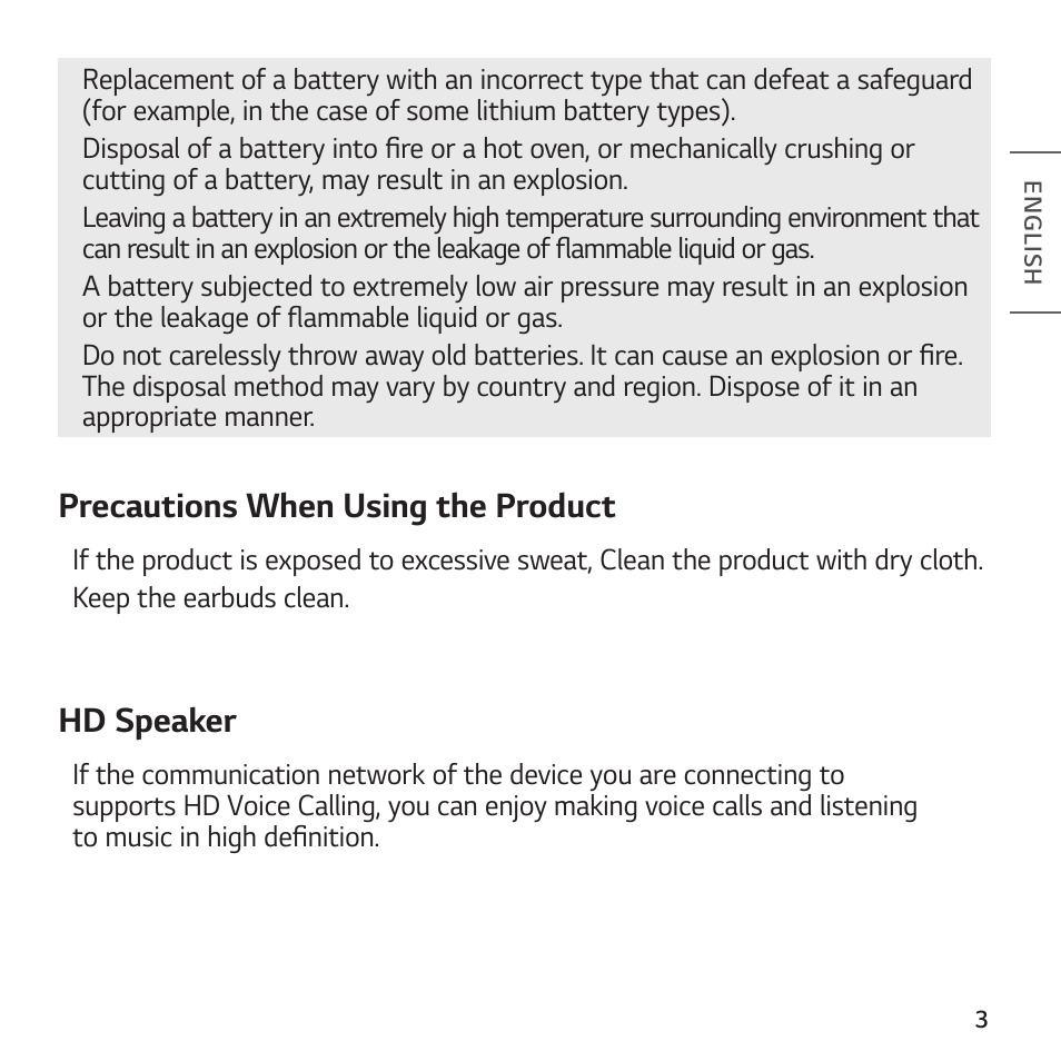 Precautions when using the product, Hd speaker | LG TONE Free FP8 UVnano True Wireless In-Ear Headphones (Charcoal Black) User Manual | Page 5 / 62