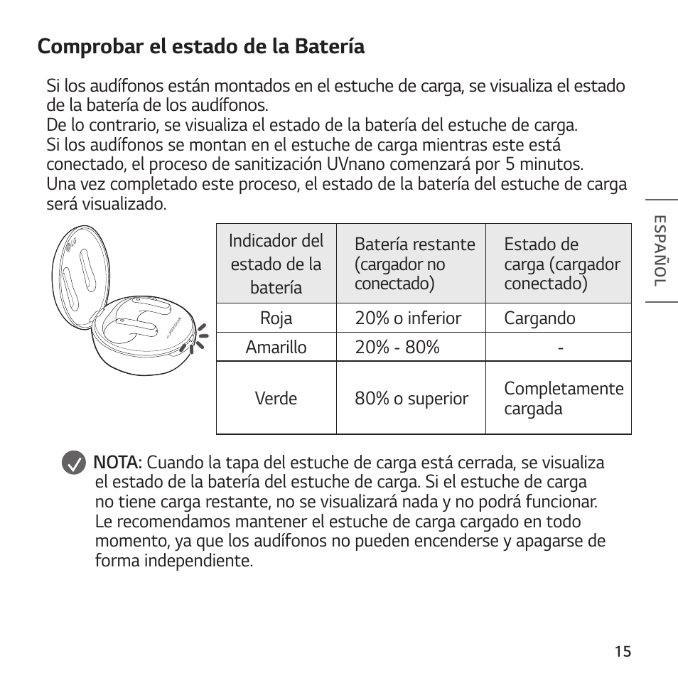 Comprobar el estado de la batería | LG TONE Free FP8 UVnano True Wireless In-Ear Headphones (Charcoal Black) User Manual | Page 51 / 62