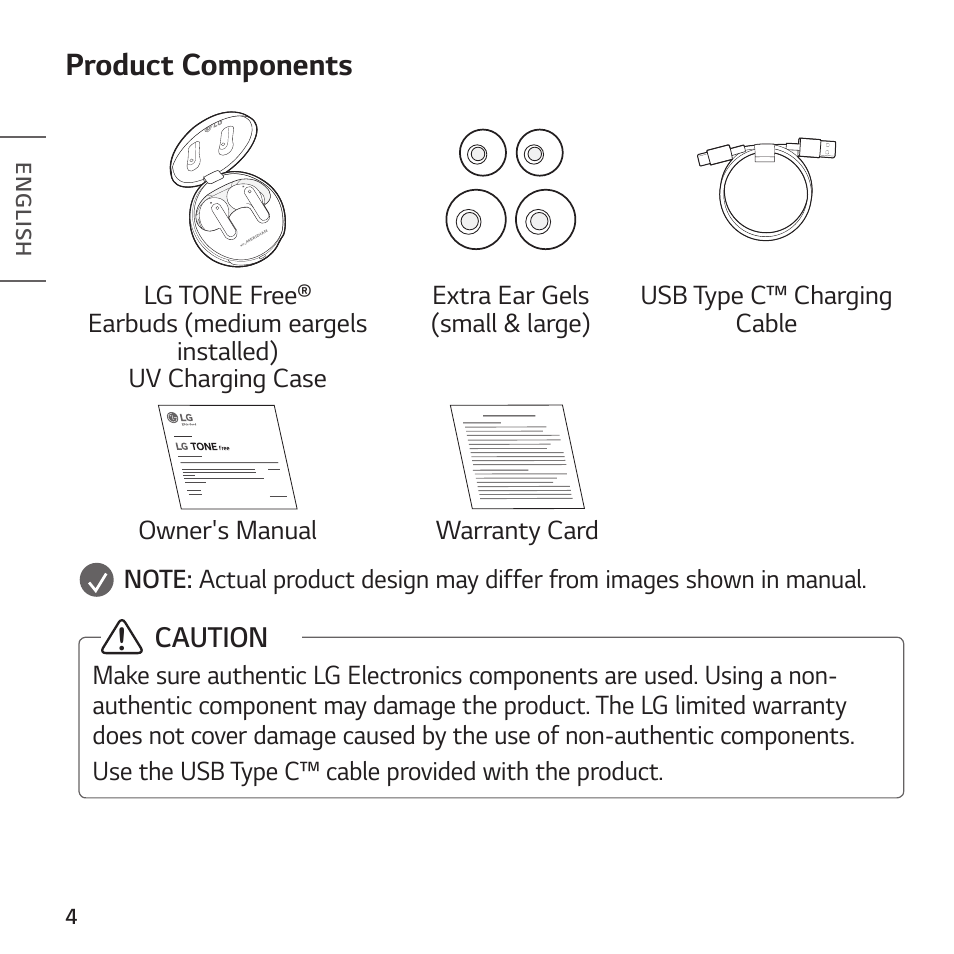 Product components | LG TONE Free FP8 UVnano True Wireless In-Ear Headphones (Charcoal Black) User Manual | Page 6 / 62