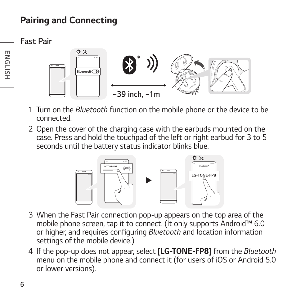 Pairing and connecting, Fast pair, 39 inch, ~1m | LG TONE Free FP8 UVnano True Wireless In-Ear Headphones (Charcoal Black) User Manual | Page 8 / 62