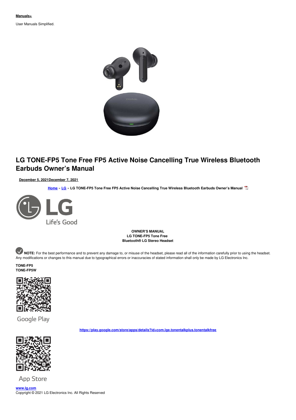 LG TONE Free FP5 True Wireless In-Ear Headphones (Charcoal Black) User Manual | 9 pages