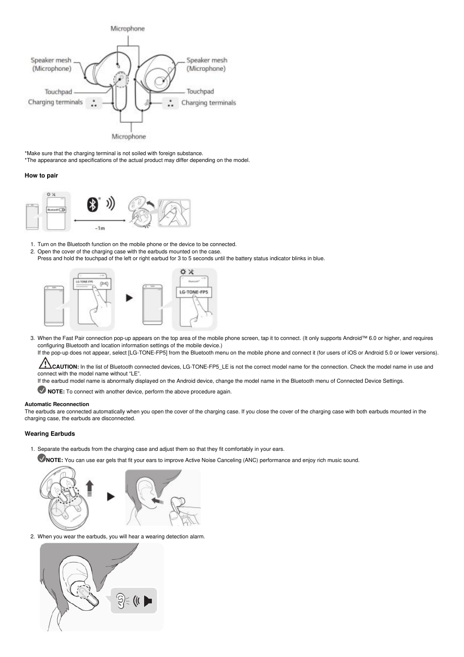 How to pair, Wearing earbuds, 2 how to pair 3 wearing earbuds | LG TONE Free FP5 True Wireless In-Ear Headphones (Charcoal Black) User Manual | Page 3 / 9