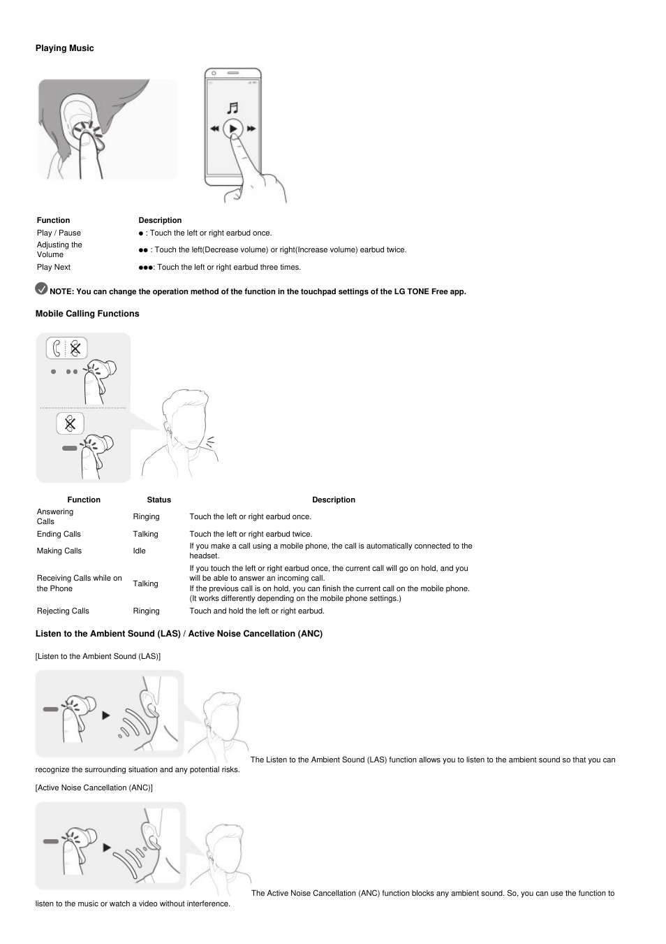 Playing music, Mobile calling functions | LG TONE Free FP5 True Wireless In-Ear Headphones (Charcoal Black) User Manual | Page 4 / 9