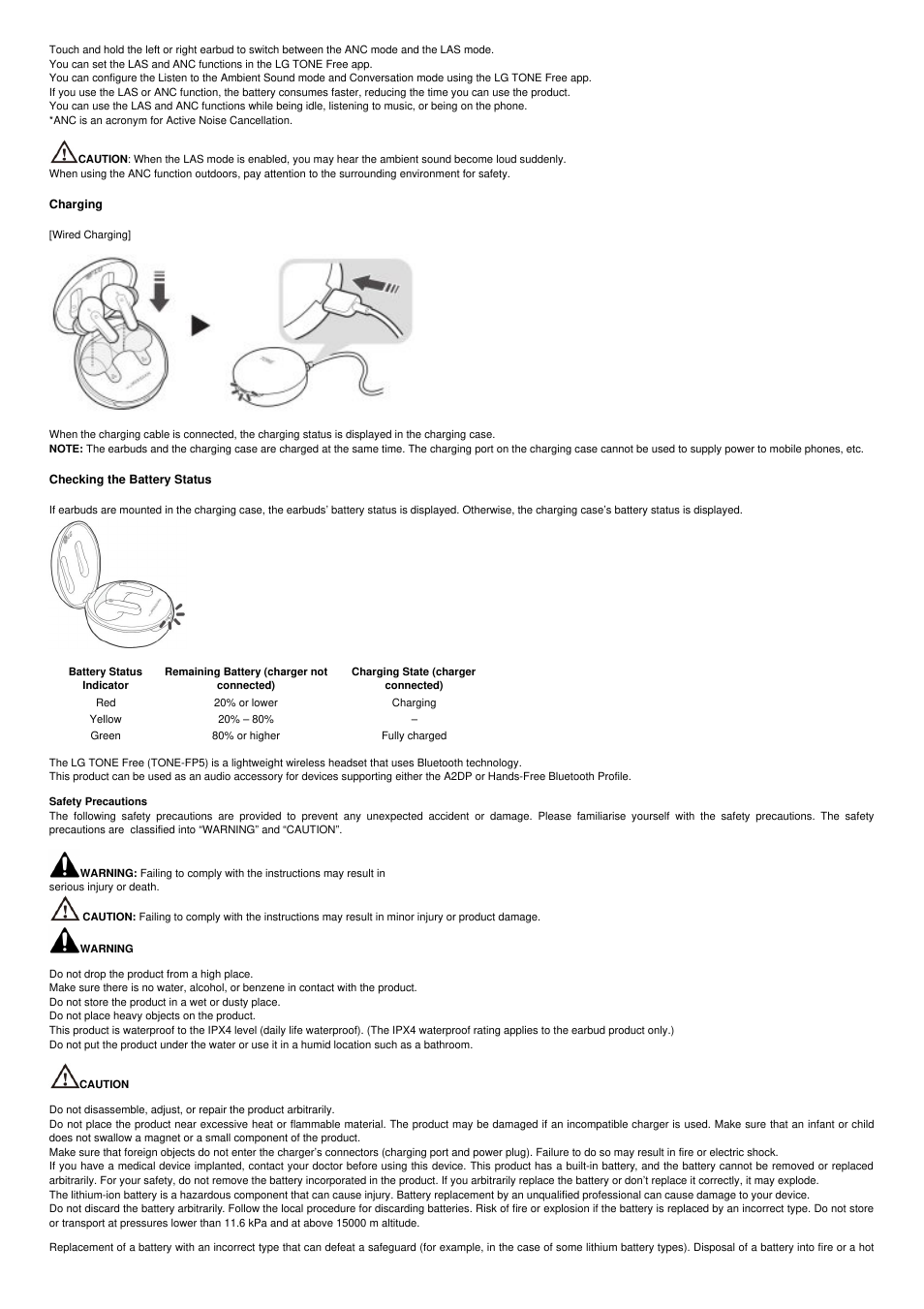 Charging, Checking the battery status, 7 charging 8 checking the battery status | LG TONE Free FP5 True Wireless In-Ear Headphones (Charcoal Black) User Manual | Page 5 / 9