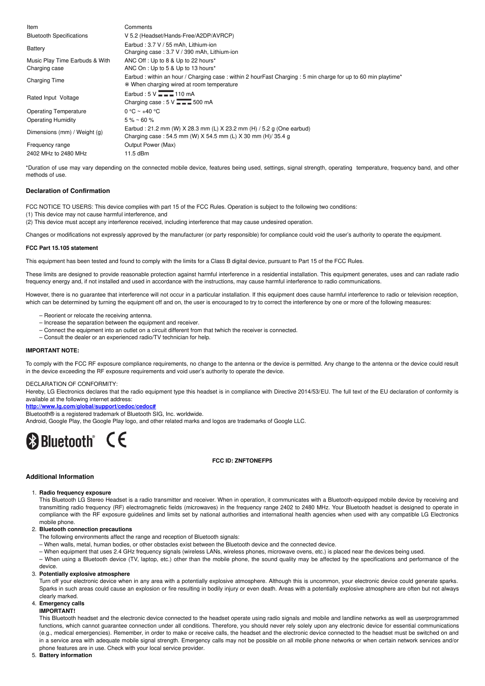 Declaration of confirmation, Additional information | LG TONE Free FP5 True Wireless In-Ear Headphones (Charcoal Black) User Manual | Page 7 / 9