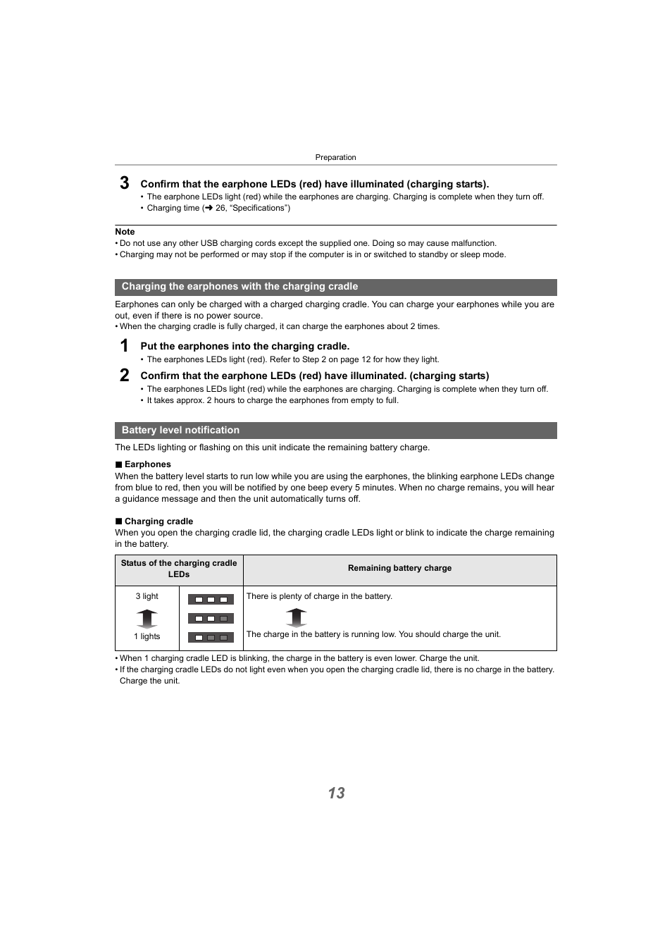 Charging the earphones with the charging cradle, Battery level notification | Panasonic RZ-S300W True Wireless In-Ear Headphones (Green) User Manual | Page 13 / 30