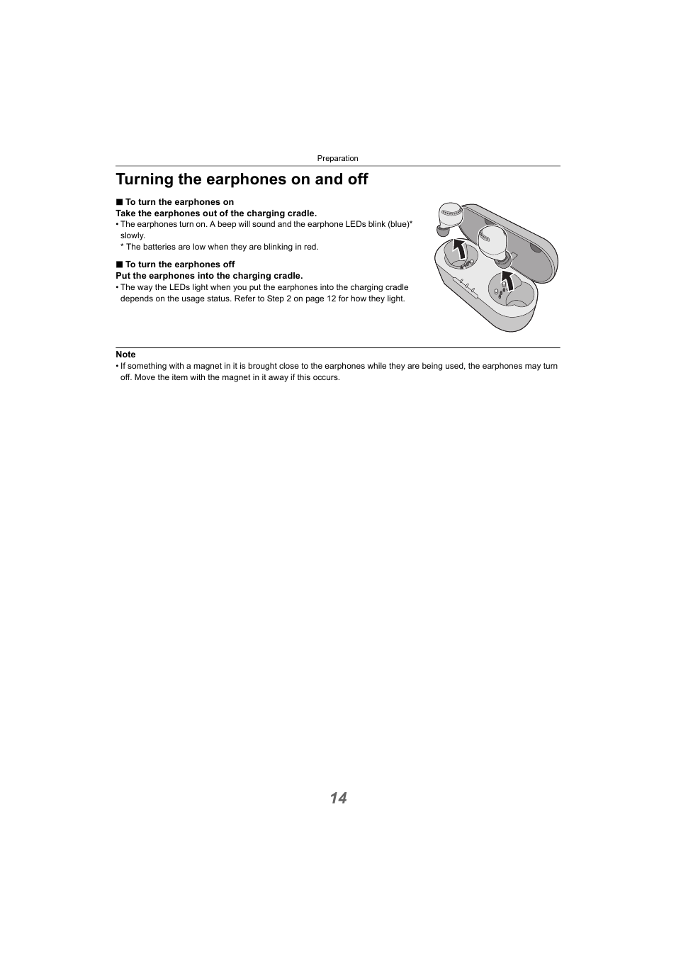 Turning the earphones on and off, 14 turning the earphones on and off | Panasonic RZ-S300W True Wireless In-Ear Headphones (Green) User Manual | Page 14 / 30