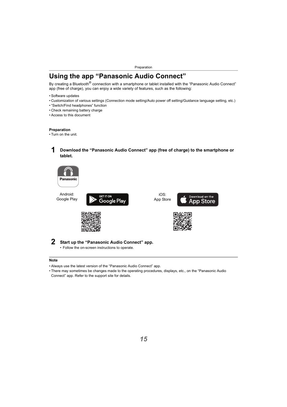 Using the app “panasonic audio connect, 15 using the app “panasonic audio connect | Panasonic RZ-S300W True Wireless In-Ear Headphones (Green) User Manual | Page 15 / 30