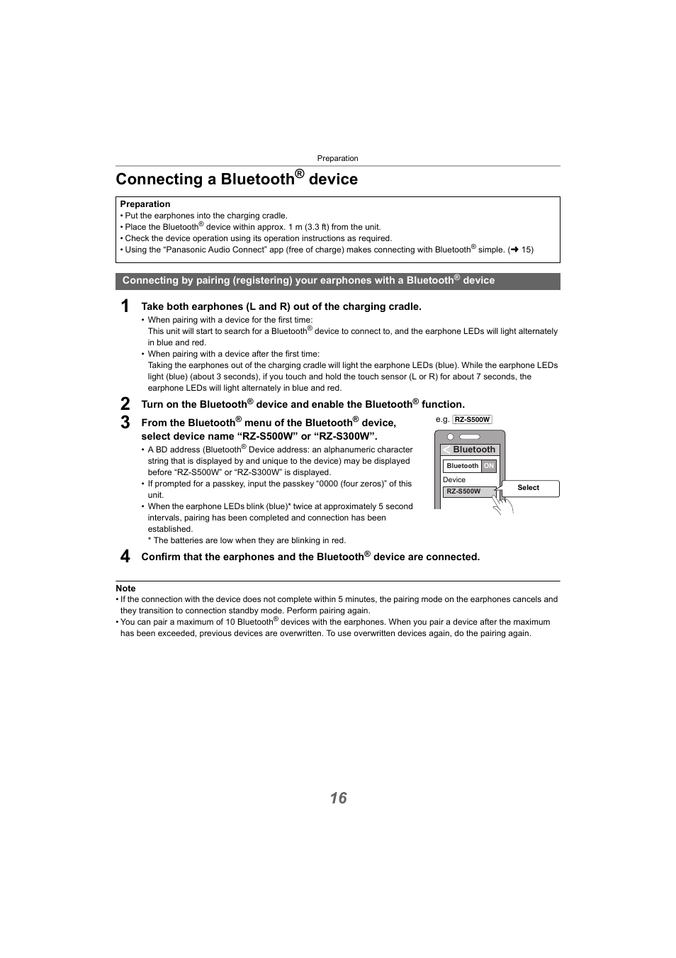 Connecting a bluetooth® device, Connecting a bluetooth, 16 connecting a bluetooth | Device | Panasonic RZ-S300W True Wireless In-Ear Headphones (Green) User Manual | Page 16 / 30