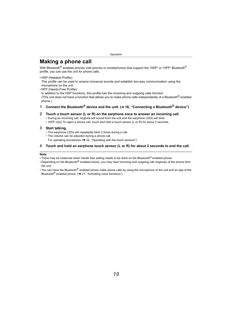 Making a phone call, 19 making a phone call | Panasonic RZ-S300W True Wireless In-Ear Headphones (Green) User Manual | Page 19 / 30