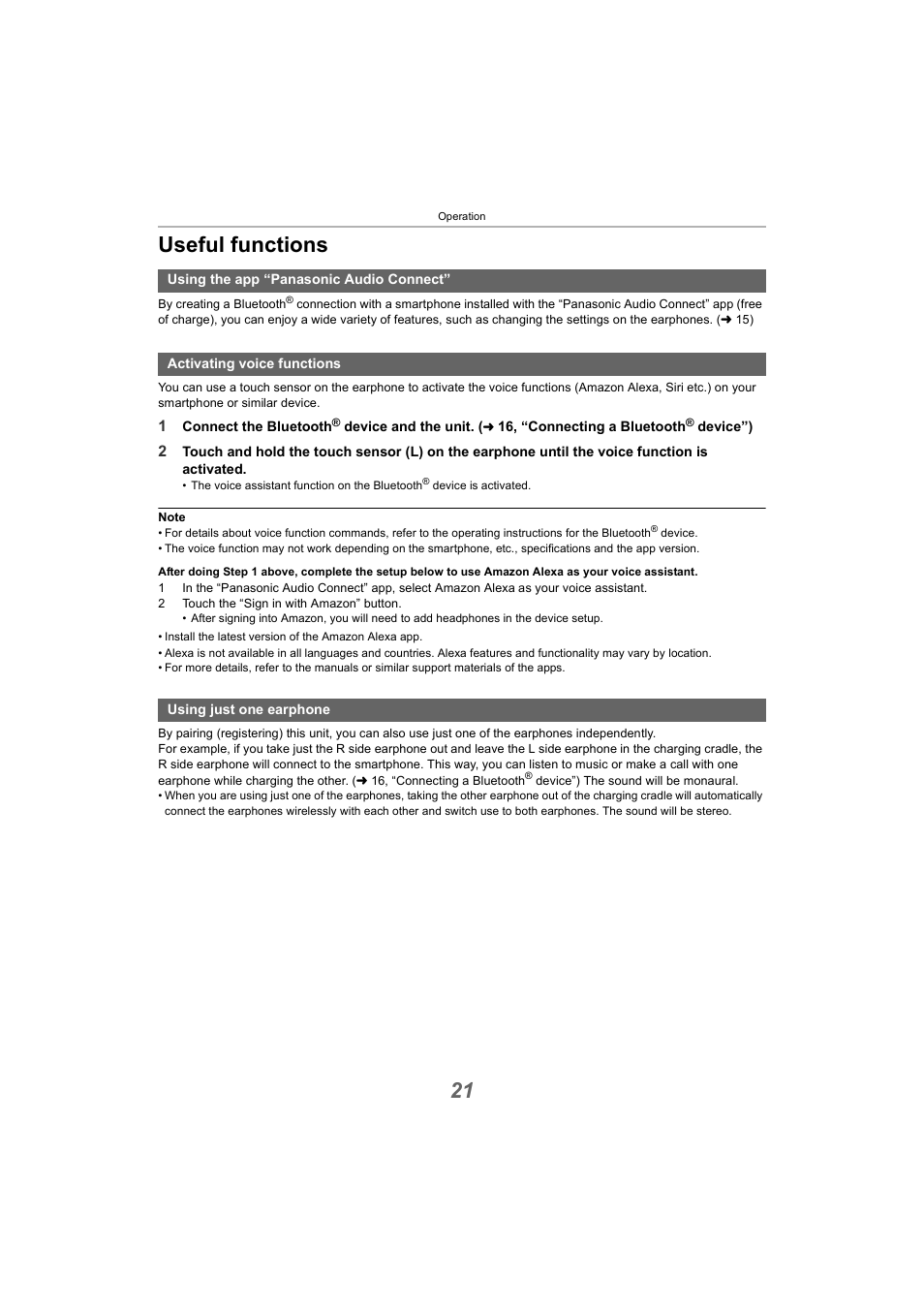 Useful functions, Using the app “panasonic audio connect, Activating voice functions | Using just one earphone, 21, “activating voice functions”), 21 useful functions | Panasonic RZ-S300W True Wireless In-Ear Headphones (Green) User Manual | Page 21 / 30