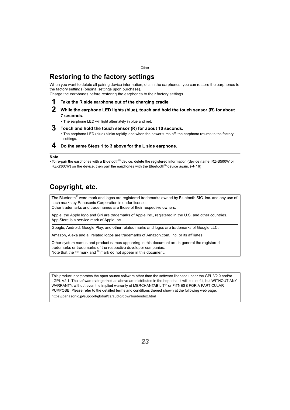 Other, Restoring to the factory settings, Copyright, etc | Restoring to the factory settings copyright, etc, 23, “restoring to the factory settings”), 23 restoring to the factory settings | Panasonic RZ-S300W True Wireless In-Ear Headphones (Green) User Manual | Page 23 / 30