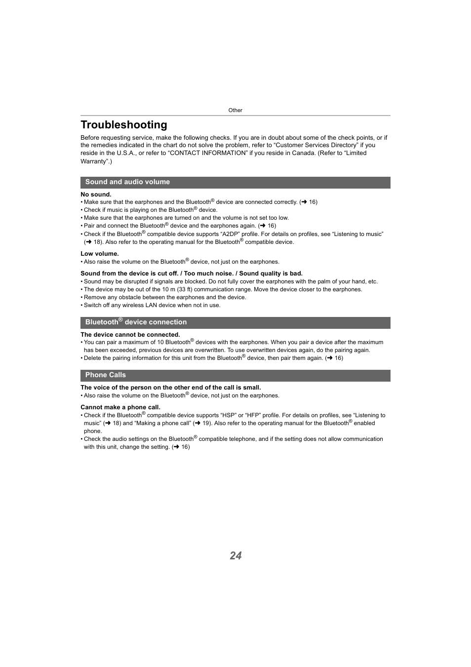 Troubleshooting, Sound and audio volume, Bluetooth® device connection | Phone calls, Bluetooth, 24 troubleshooting, Sound and audio volume bluetooth, Device connection phone calls | Panasonic RZ-S300W True Wireless In-Ear Headphones (Green) User Manual | Page 24 / 30