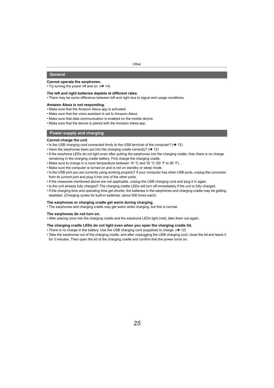 General, Power supply and charging | Panasonic RZ-S300W True Wireless In-Ear Headphones (Green) User Manual | Page 25 / 30