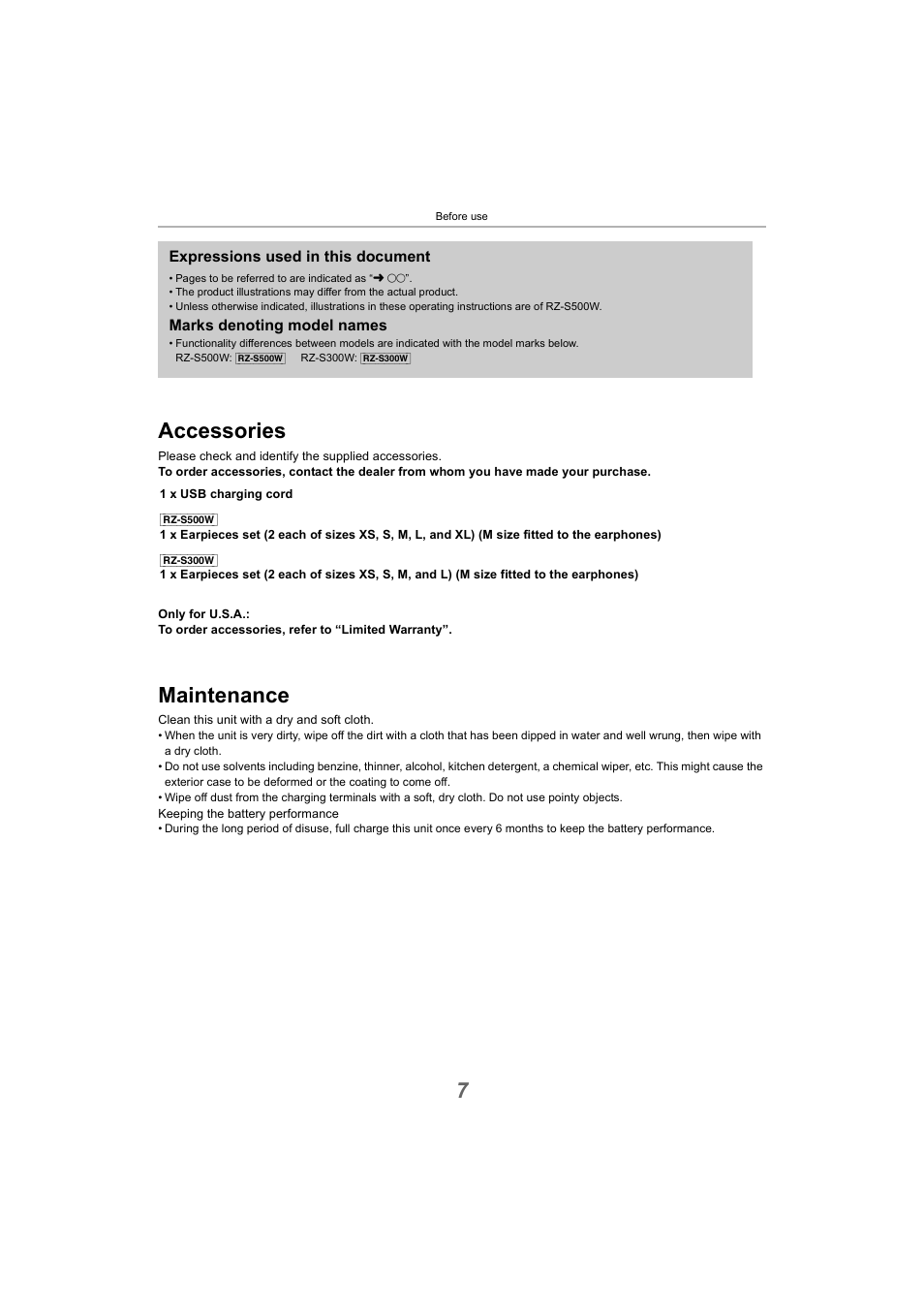 Before use, Accessories, Maintenance | Accessories maintenance, 7accessories, Expressions used in this document, Marks denoting model names | Panasonic RZ-S300W True Wireless In-Ear Headphones (Green) User Manual | Page 7 / 30