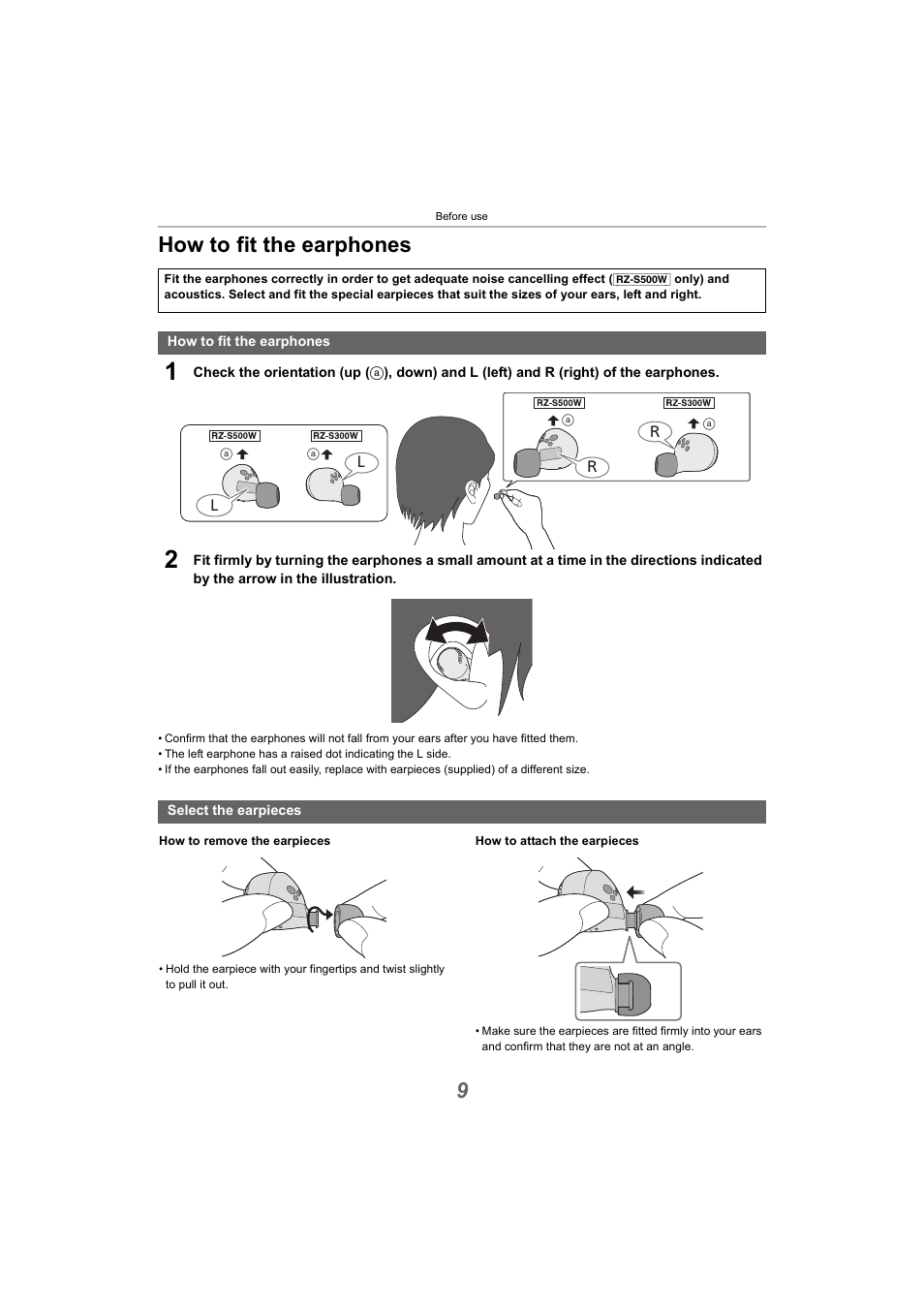 How to fit the earphones, Select the earpieces, 9how to fit the earphones | Panasonic RZ-S300W True Wireless In-Ear Headphones (Green) User Manual | Page 9 / 30