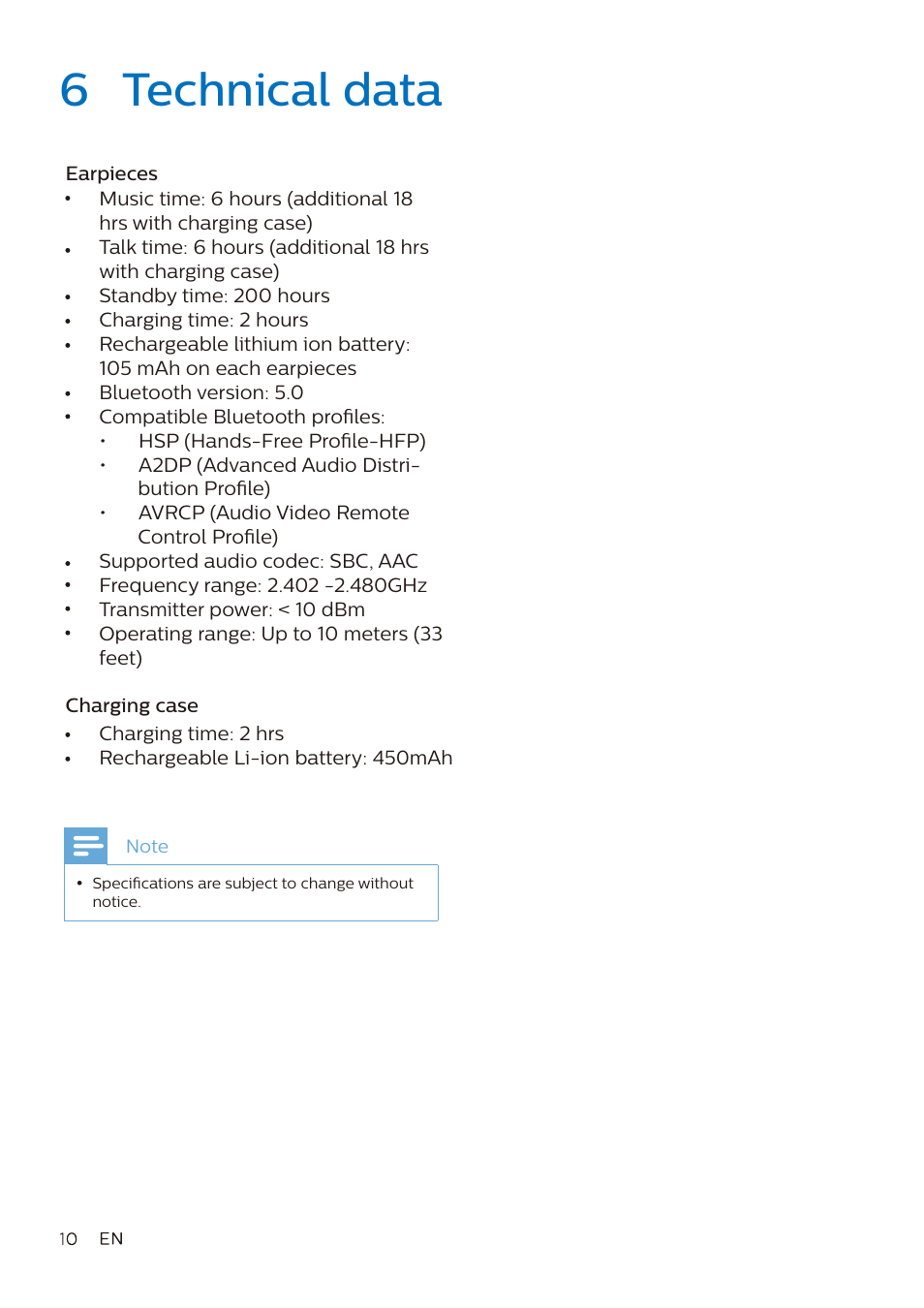 6 technical data | Philips A7306 True Wireless In-Ear Sport Headphones User Manual | Page 11 / 17