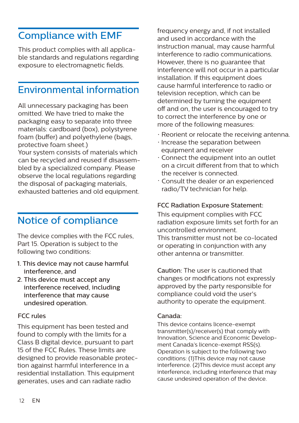 Compliance with emf, Environmental information, Notice of compliance | Philips A7306 True Wireless In-Ear Sport Headphones User Manual | Page 13 / 17