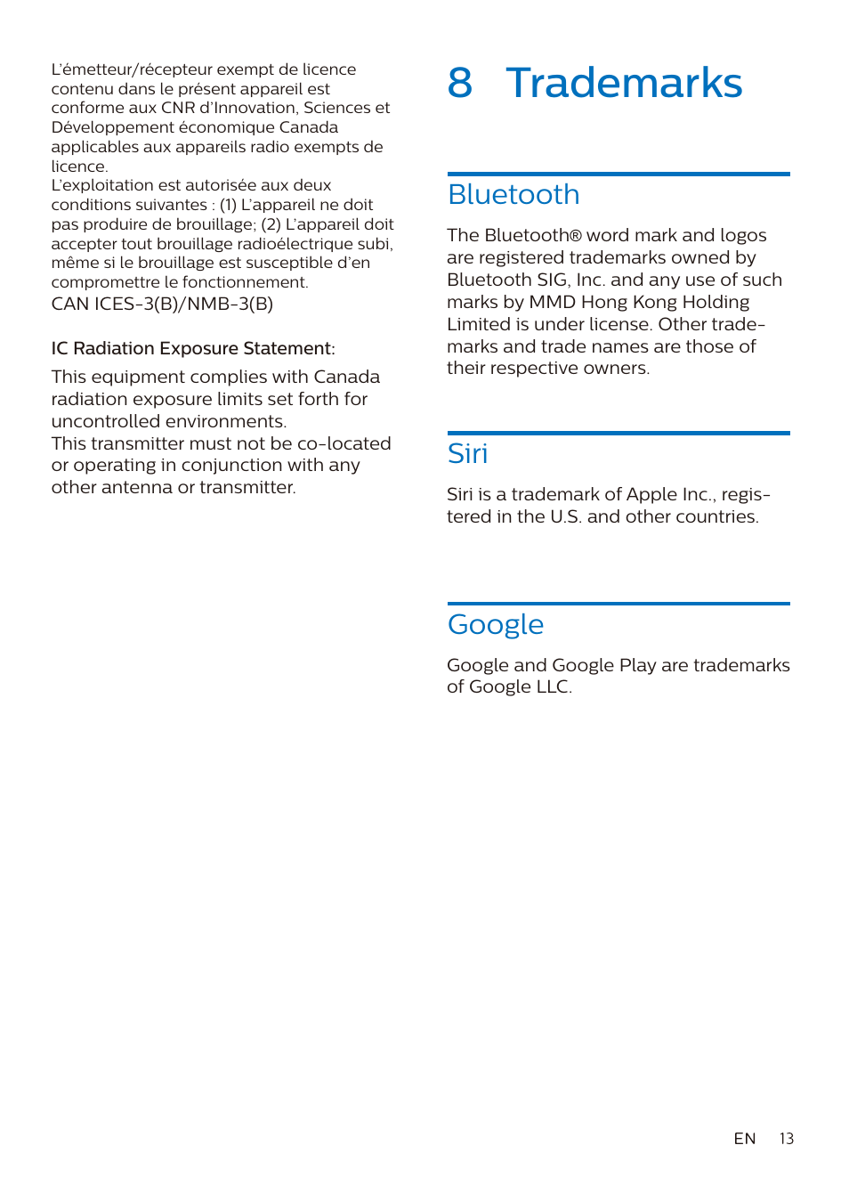 8 trademarks, Bluetooth, Siri | Google | Philips A7306 True Wireless In-Ear Sport Headphones User Manual | Page 14 / 17