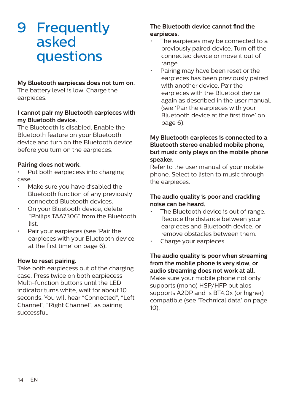 9 frequently asked questions | Philips A7306 True Wireless In-Ear Sport Headphones User Manual | Page 15 / 17