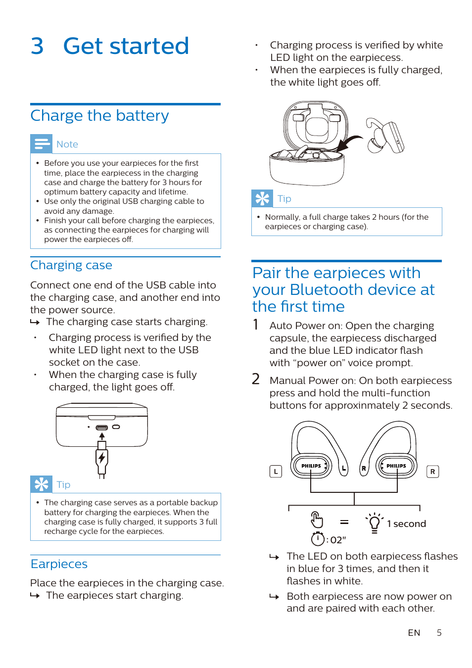 3 get started, Charge the battery | Philips A7306 True Wireless In-Ear Sport Headphones User Manual | Page 6 / 17