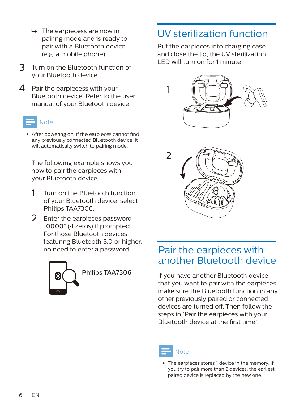 Pair the earpieces with another bluetooth device, Uv sterilization function | Philips A7306 True Wireless In-Ear Sport Headphones User Manual | Page 7 / 17