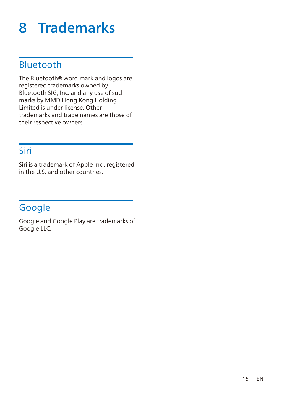 8 trademarks, Bluetooth, Siri | Google | Philips TAA7507 True Wireless Noise-Canceling In-Ear Sports Headphones (Black) User Manual | Page 16 / 18