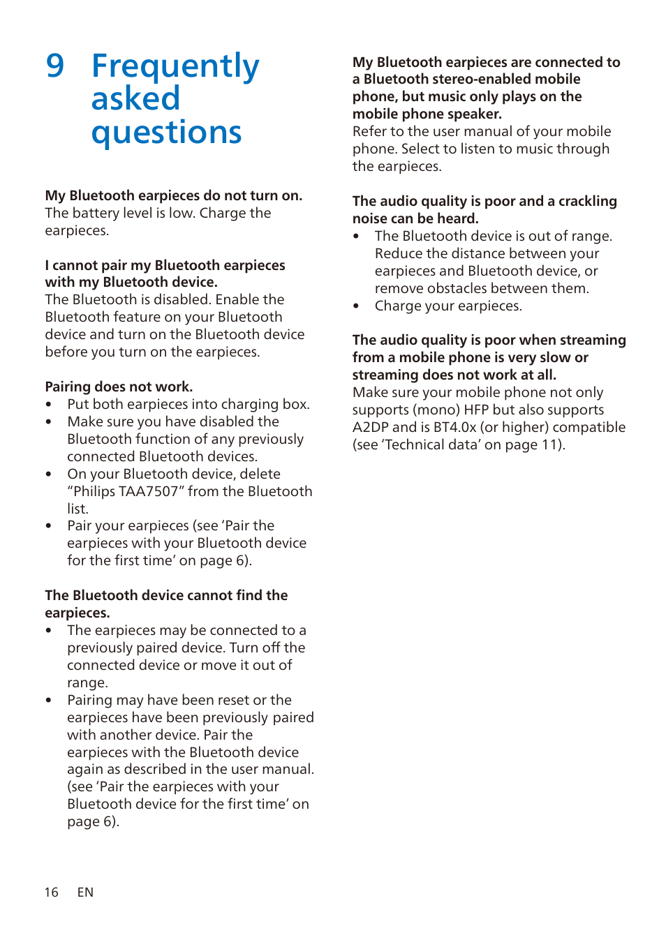 9 frequently asked questions | Philips TAA7507 True Wireless Noise-Canceling In-Ear Sports Headphones (Black) User Manual | Page 17 / 18