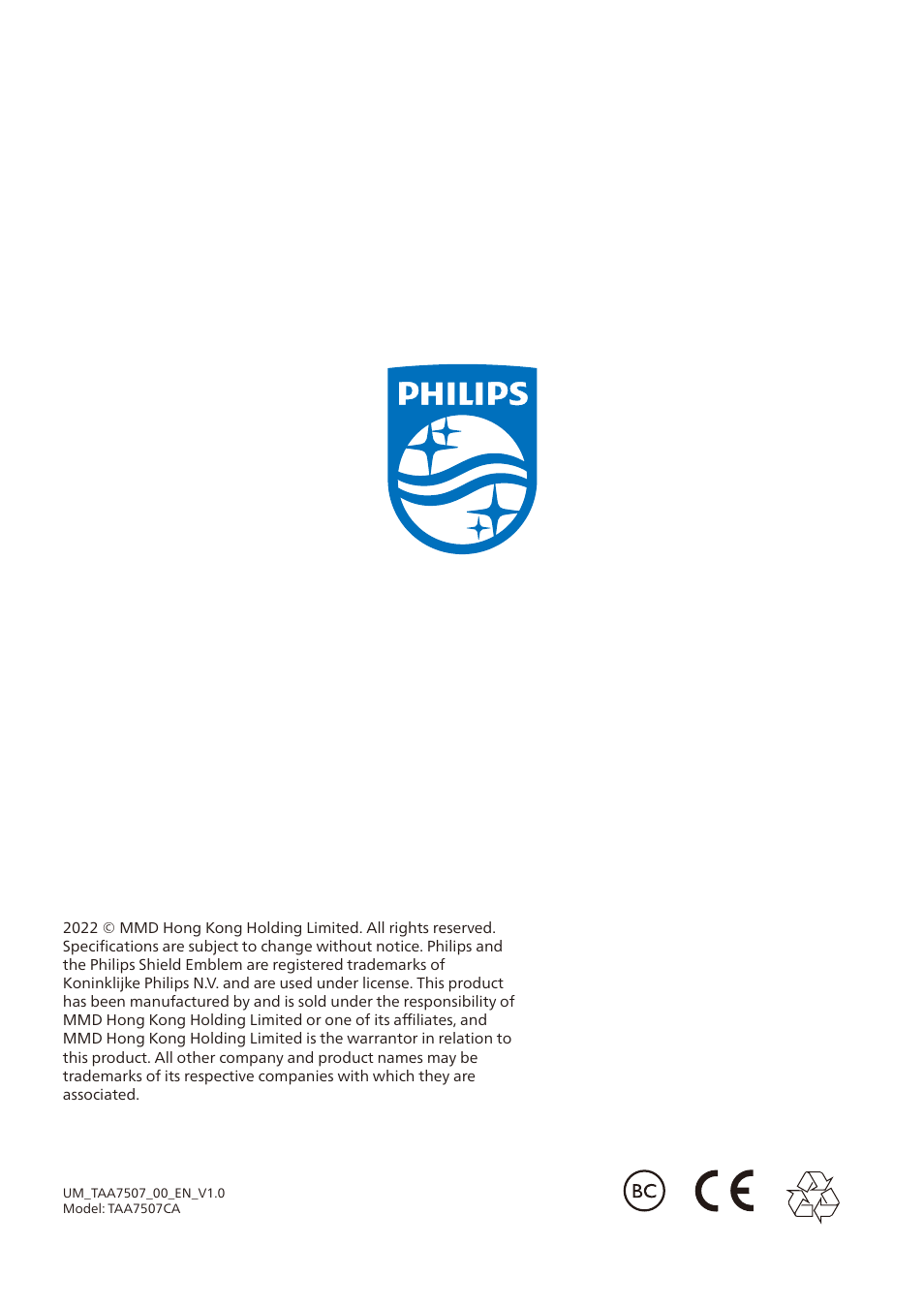 Philips TAA7507 True Wireless Noise-Canceling In-Ear Sports Headphones (Black) User Manual | Page 18 / 18