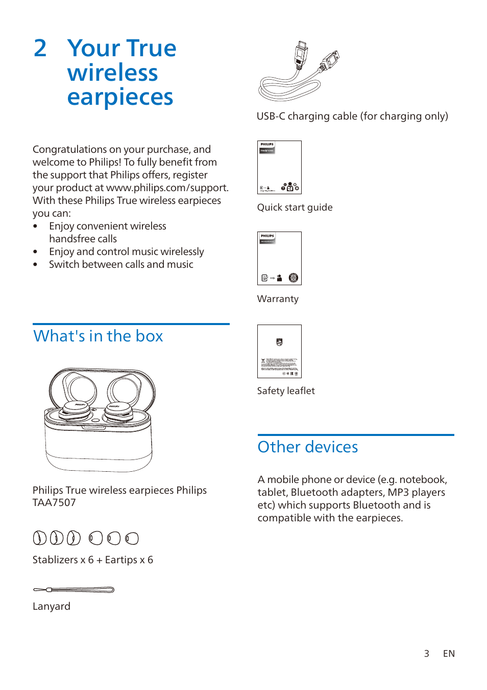 2 your true wireless earpieces, What's in the box, Other devices | Philips TAA7507 True Wireless Noise-Canceling In-Ear Sports Headphones (Black) User Manual | Page 4 / 18