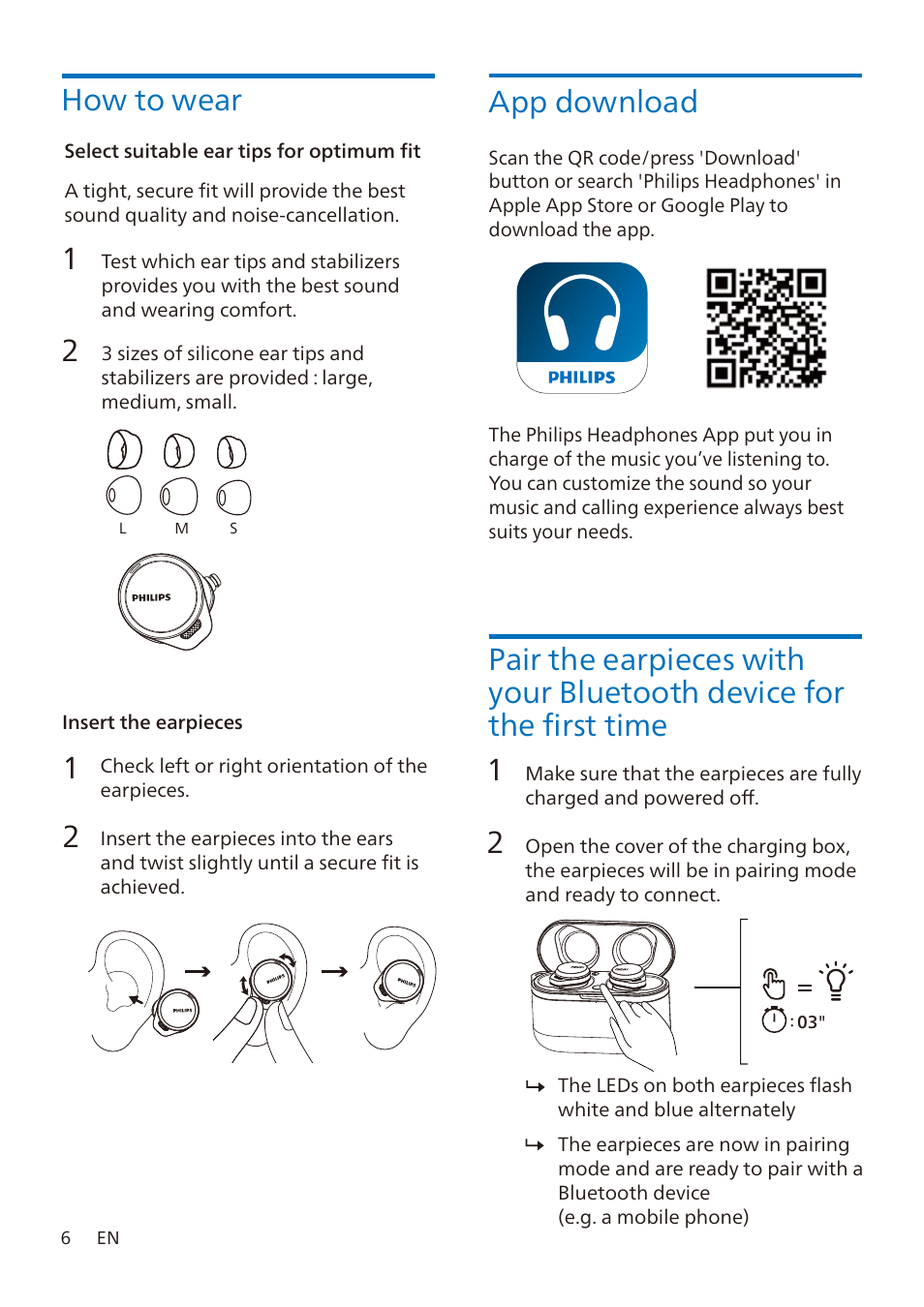 How to wear, App download | Philips TAA7507 True Wireless Noise-Canceling In-Ear Sports Headphones (Black) User Manual | Page 7 / 18