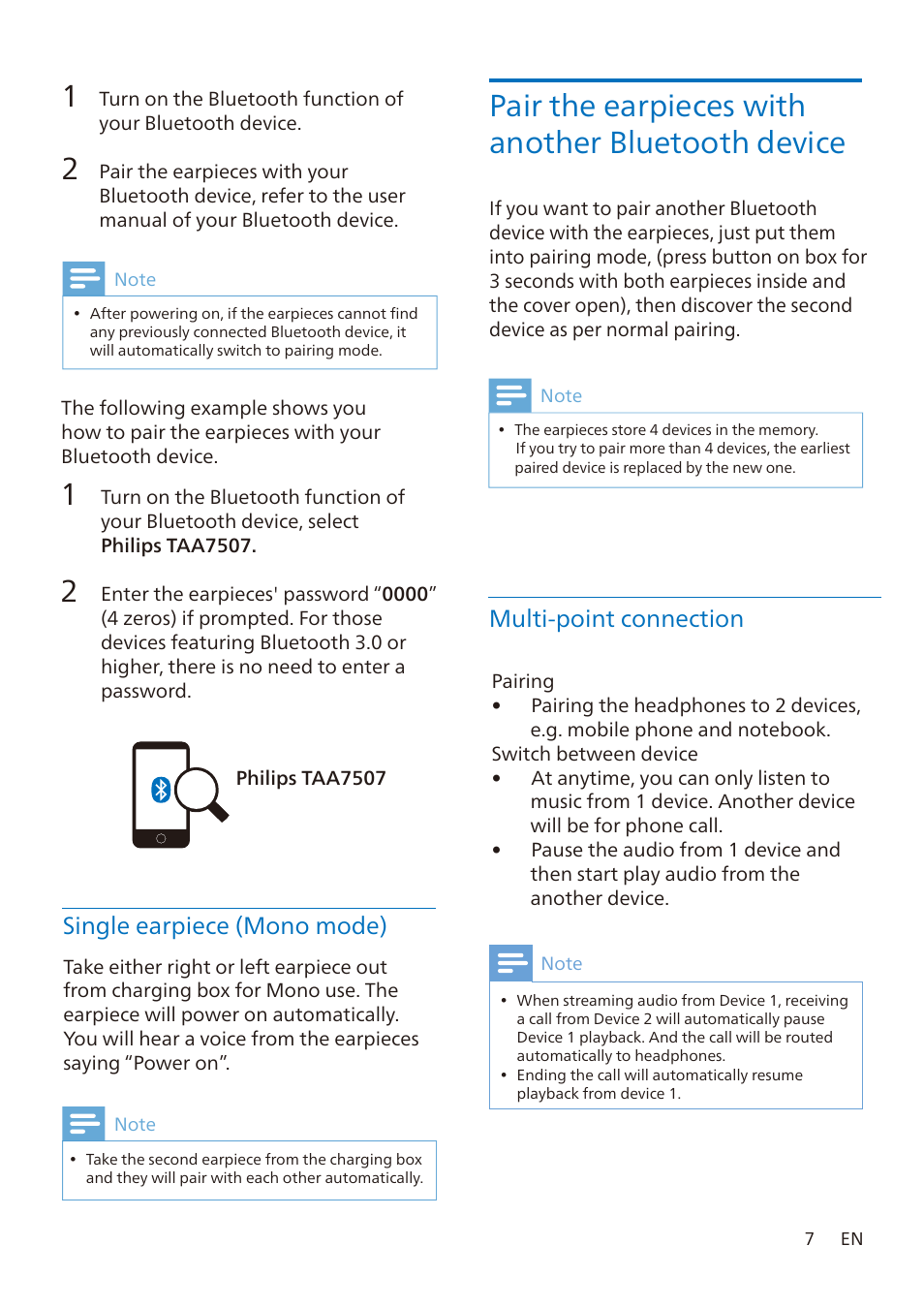 Pair the earpieces with another bluetooth device, Single earpiece (mono mode), Multi-point connection | Philips TAA7507 True Wireless Noise-Canceling In-Ear Sports Headphones (Black) User Manual | Page 8 / 18