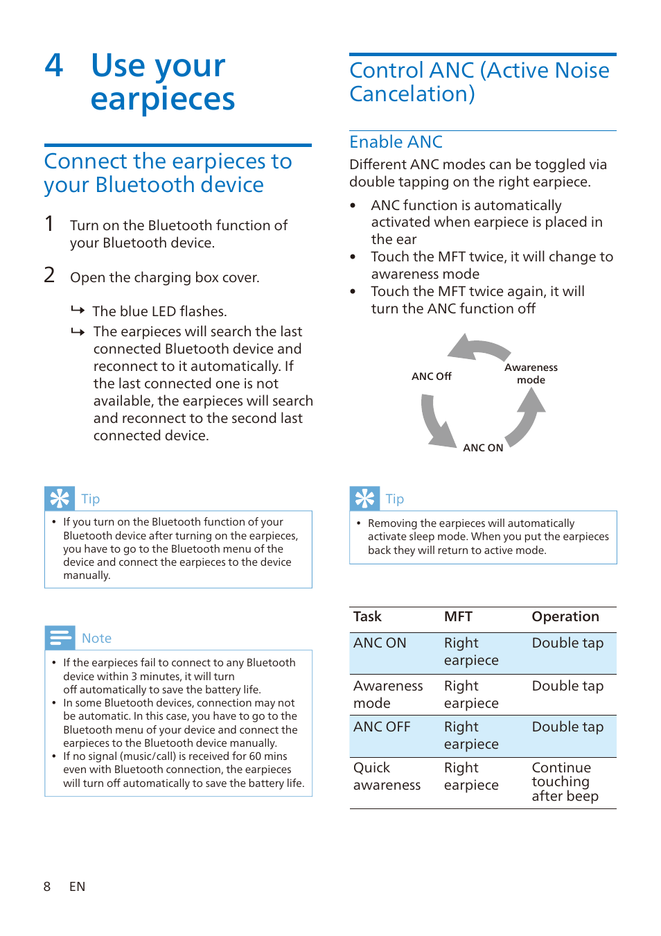 4 use your earpieces, Control anc (active noise cancelation), Connect the earpieces to your bluetooth device 1 2 | Enable anc | Philips TAA7507 True Wireless Noise-Canceling In-Ear Sports Headphones (Black) User Manual | Page 9 / 18